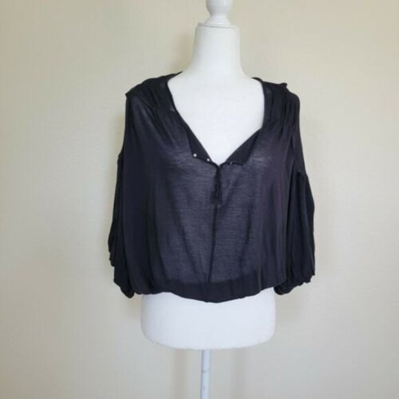 FREE PEOPLE Black Check On It Draped Wrap Balloon Sleeve Top SZ S  B5 - Picture 8 of 11